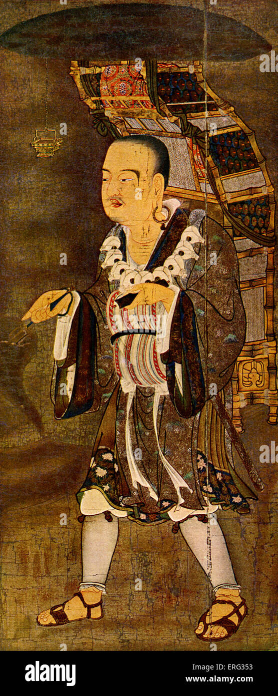 Xuanzang revenant de son pèlerinage en Inde pour récupérer des textes bouddhistes, vers 645. Moine Bouddhiste Chinois Xuanzang et Banque D'Images