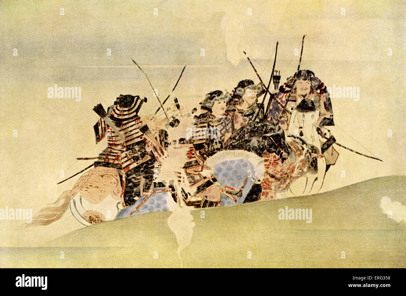 Samouraï japonais sur des patrouilles côtières au cours de l'incursion mongole de 1281, dix-neuvième siècle imprimer. Banque D'Images