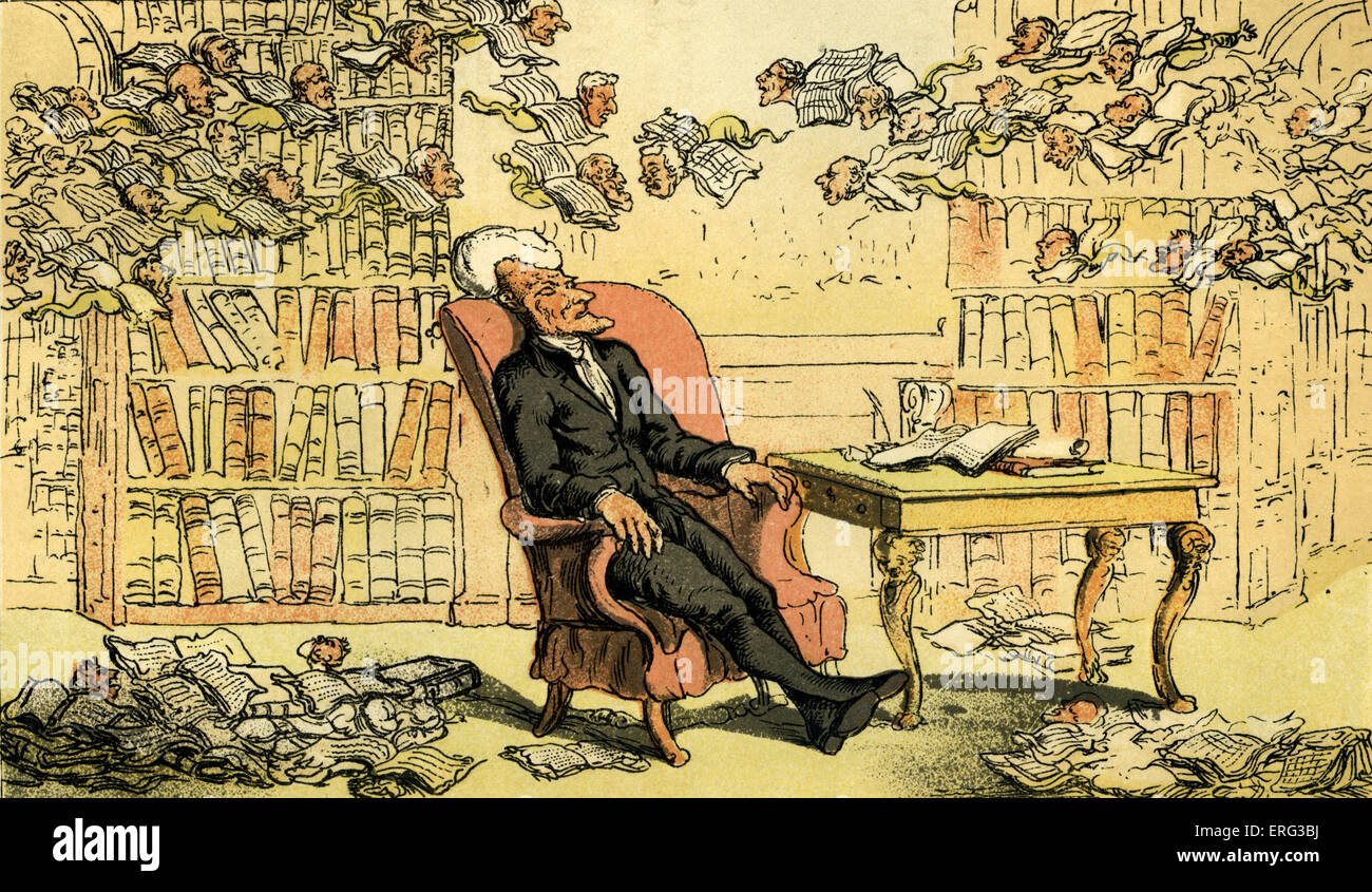 Syntaxe - le médecin Dr's dream', illustration par Thomas ROWLANDSON de « docteur Syntaxe's Tour à la recherche de la pittoresque' par William Combe. Rêves de syntaxe médecin flying books dans son étude. D'abord publié 1812 (à l'origine des aquarelles). Thomas ROWLANDSON 1756- 1827. Banque D'Images