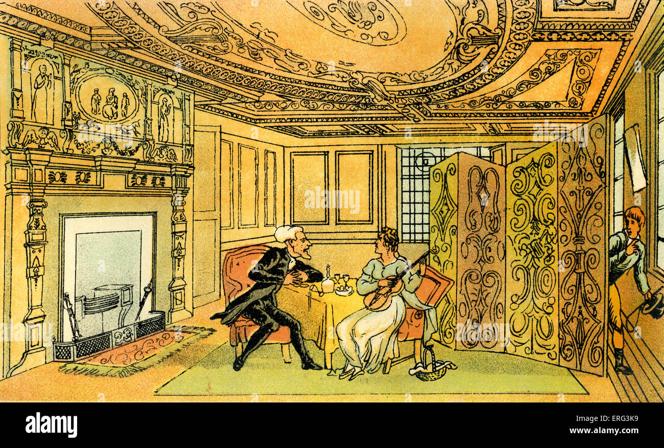 La visite du Dr syntaxe pour la veuve d'espoir à York', illustration par Thomas ROWLANDSON de syntaxe de « docteur's Tour à la recherche de consolation" par William Combe. D'abord publié 1820 (à l'origine des aquarelles). Thomas ROWLANDSON 1756- 1827. Banque D'Images