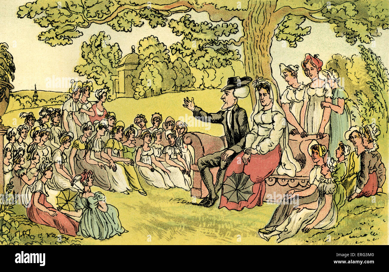 Dr visites Syntaxe un pensionnat pour jeunes filles', illustration par Thomas ROWLANDSON de syntaxe de « docteur's Tour à la recherche de consolation" par William Combe. D'abord publié 1820 (à l'origine des aquarelles). Thomas ROWLANDSON 1756- 1827. Banque D'Images