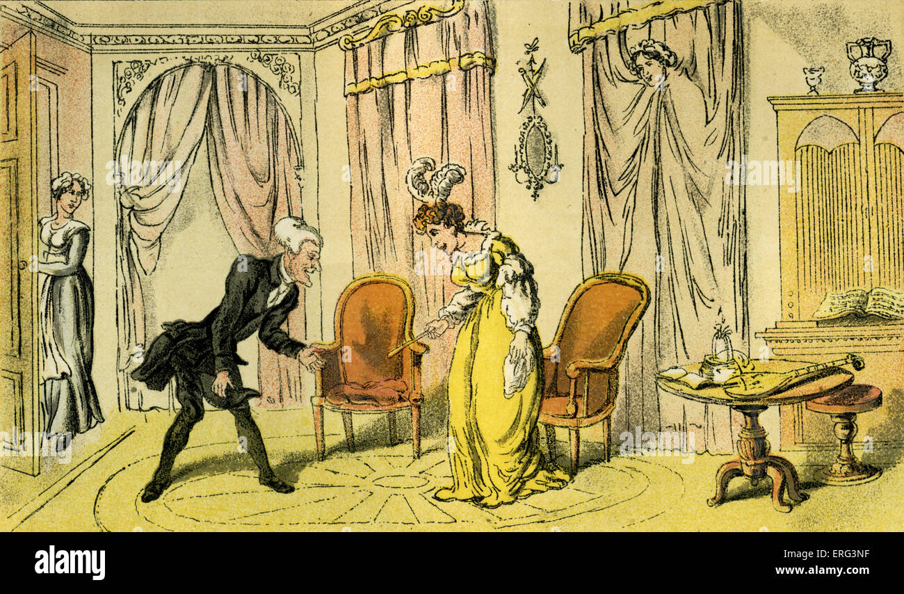 Syntaxe Dr reçu par la femme de ménage au lieu de l'institutrice, illustration par Thomas ROWLANDSON de « docteur Syntaxe's Tour à la recherche d'une femme' par William Combe. D'abord publié 1821 (à l'origine des aquarelles). Thomas ROWLANDSON 1756- 1827. Banque D'Images