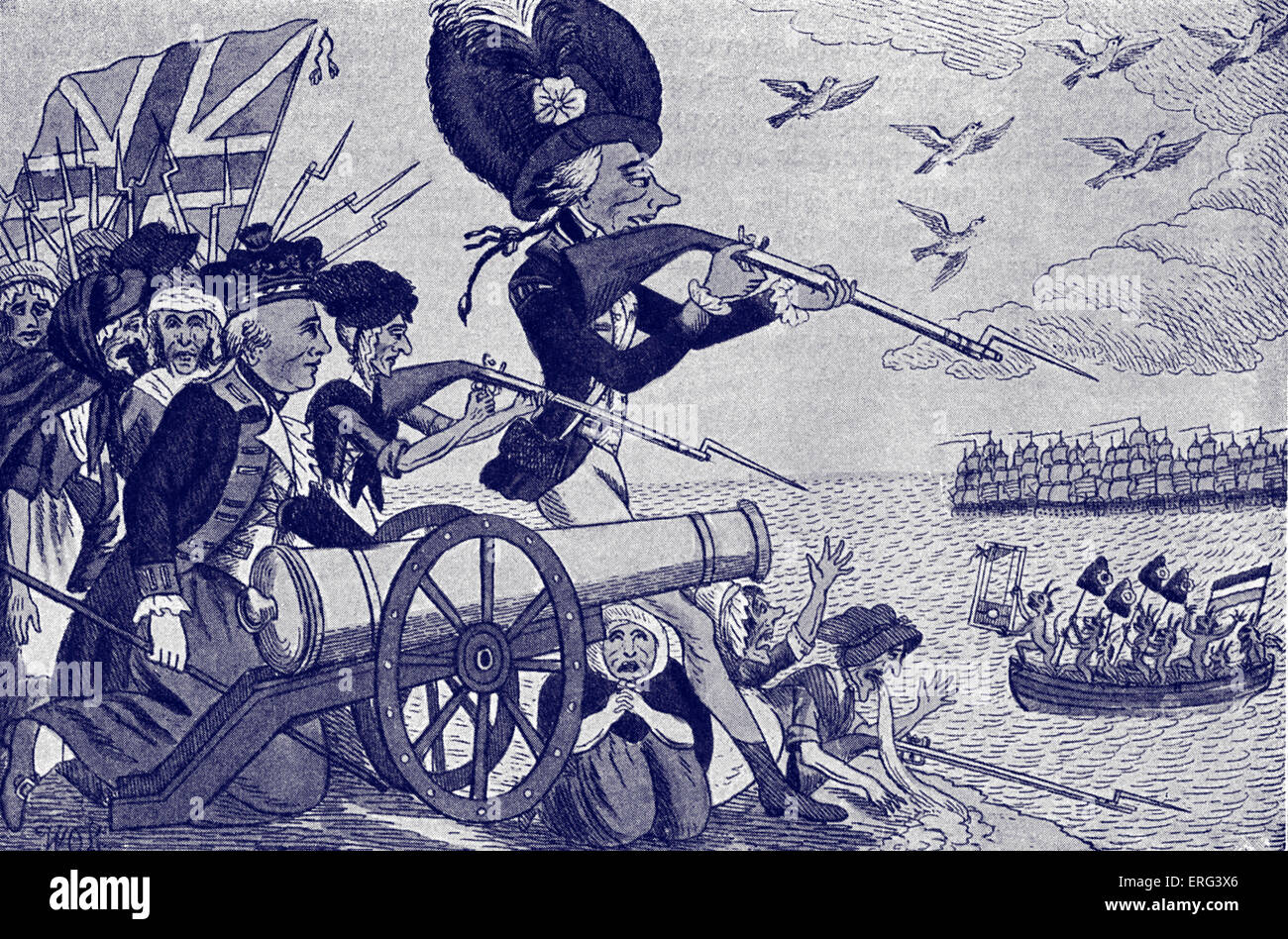 L'invasion de Napoléon en Angleterre. Caricature contemporaine montrant les troupes britanniques de tirer sur des révolutionnaires français Banque D'Images