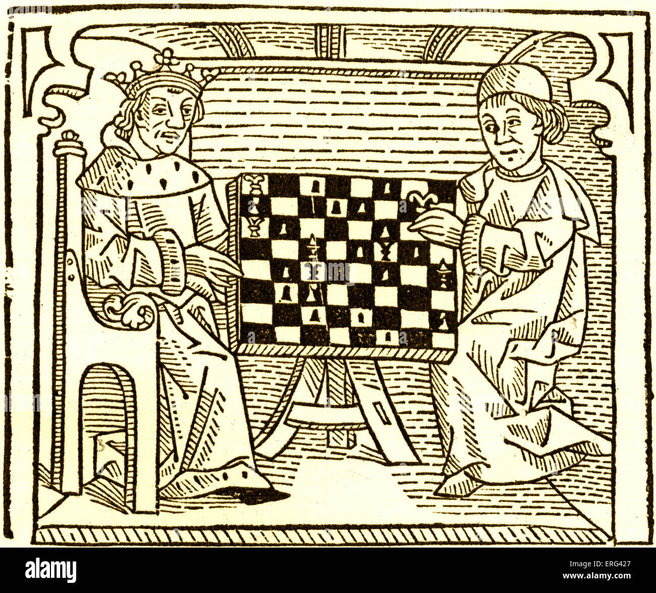 'Le Jeu et Playe du fromage", par William Caxton. 'Le philosophe apprend au roi de jouer'. À partir d'une gravure sur bois, ch. 1483. WC, Banque D'Images