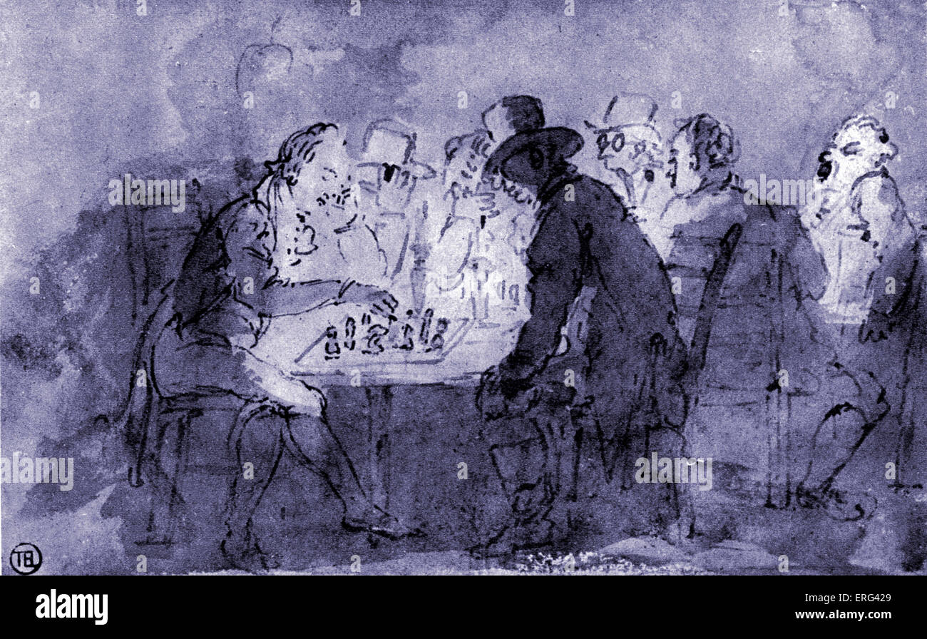 "Les joueurs d'échecs", encre et lavis par Thomas Rowlandson, 1756- 1827. Version teintée. Banque D'Images