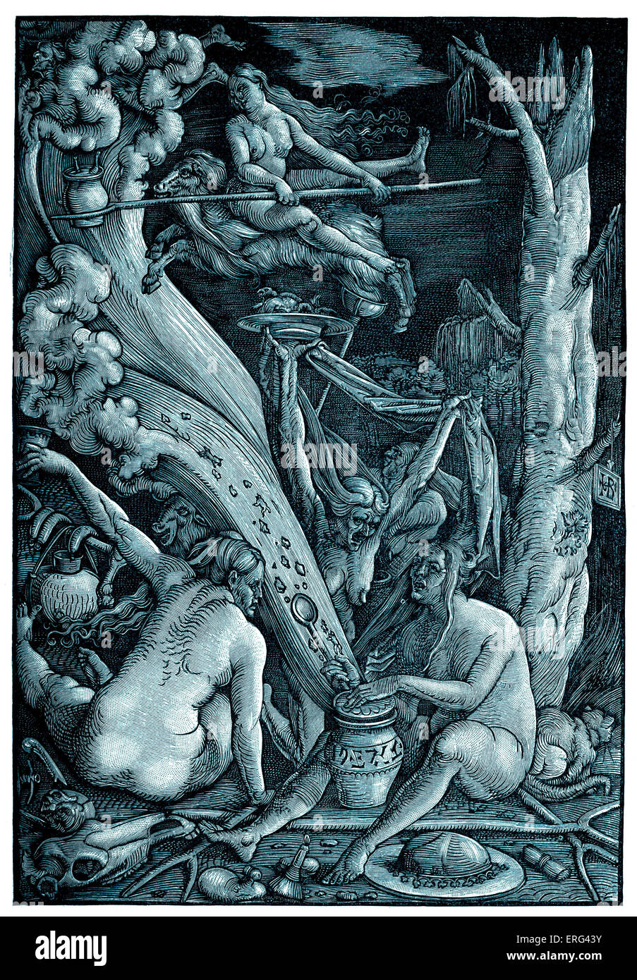Un groupe de sorcières coven magie, potions de brassage. L'allemand du 16e siècle gravure sur bois par Hans Baldung Grien - artiste allemand - 1480 Banque D'Images