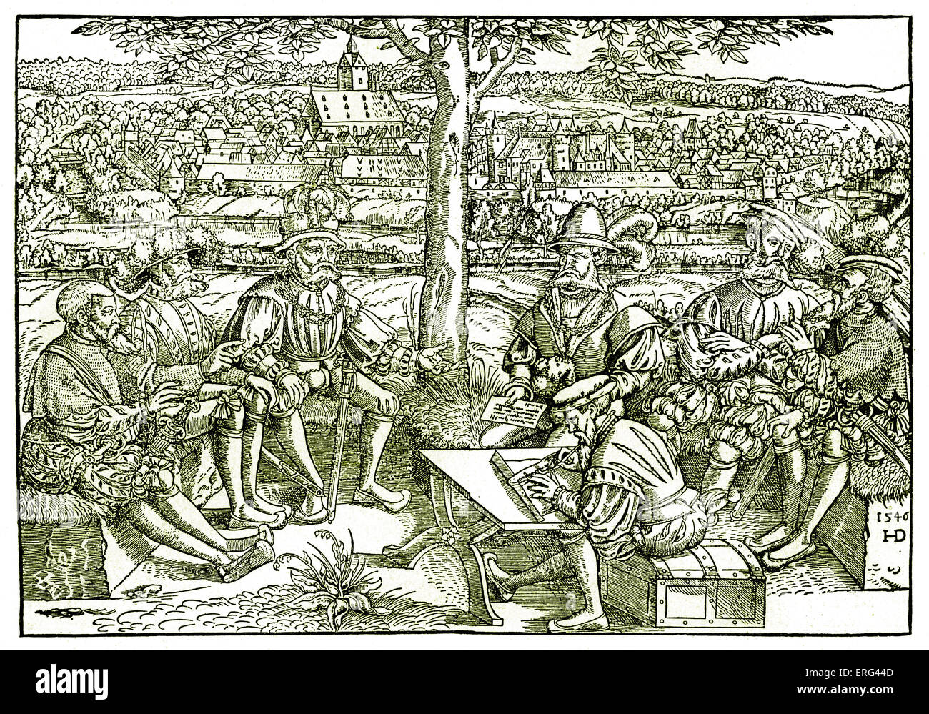 Conseil de guerre pendant la guerre Schmalkald. Gravure tirée de 'Le Journal de guerre Reinhardt l'Aîné', 1559.( 1546 jusqu'à 1547 entre l'armée de l'Empereur Charles V de Habsbourg et la Ligue Schmalkaldic protestante à l'intérieur des domaines de l'Empire romain). Version teintée. Banque D'Images