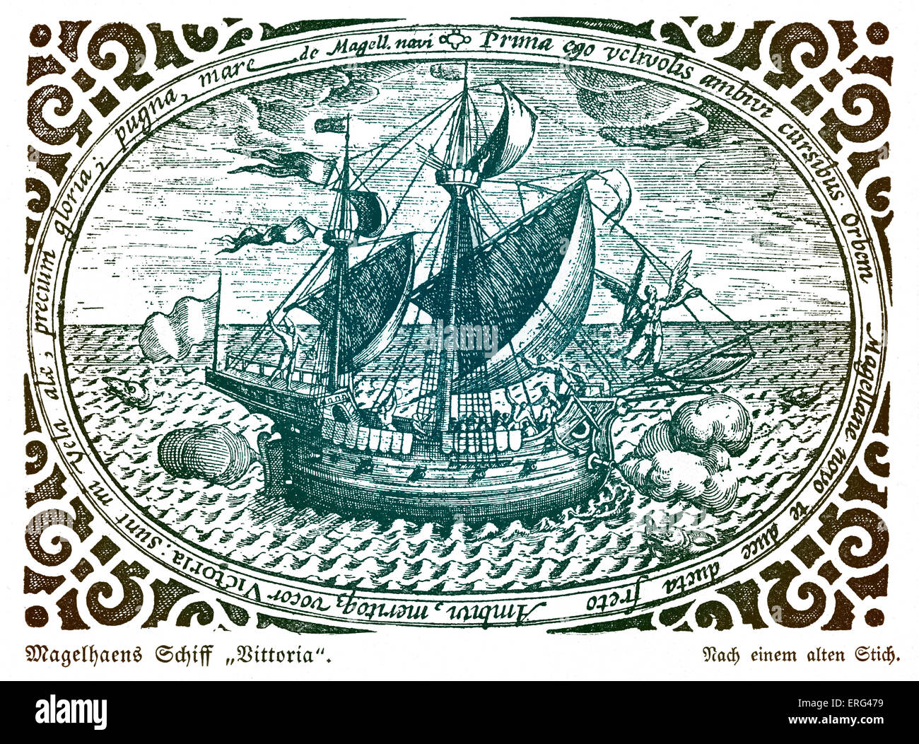 Le navire de Ferdinand Magellan, le Victoria. L'explorateur portugais FM 1480 - 27 avril 1521. Version teintée. Banque D'Images