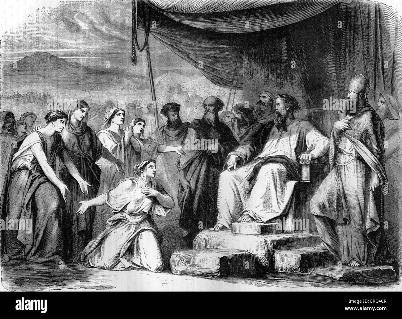 Les filles de Celofehad avant Moïse et le sacrificateur, qui demandent leur droit à hériter de leur père, même possessions Banque D'Images