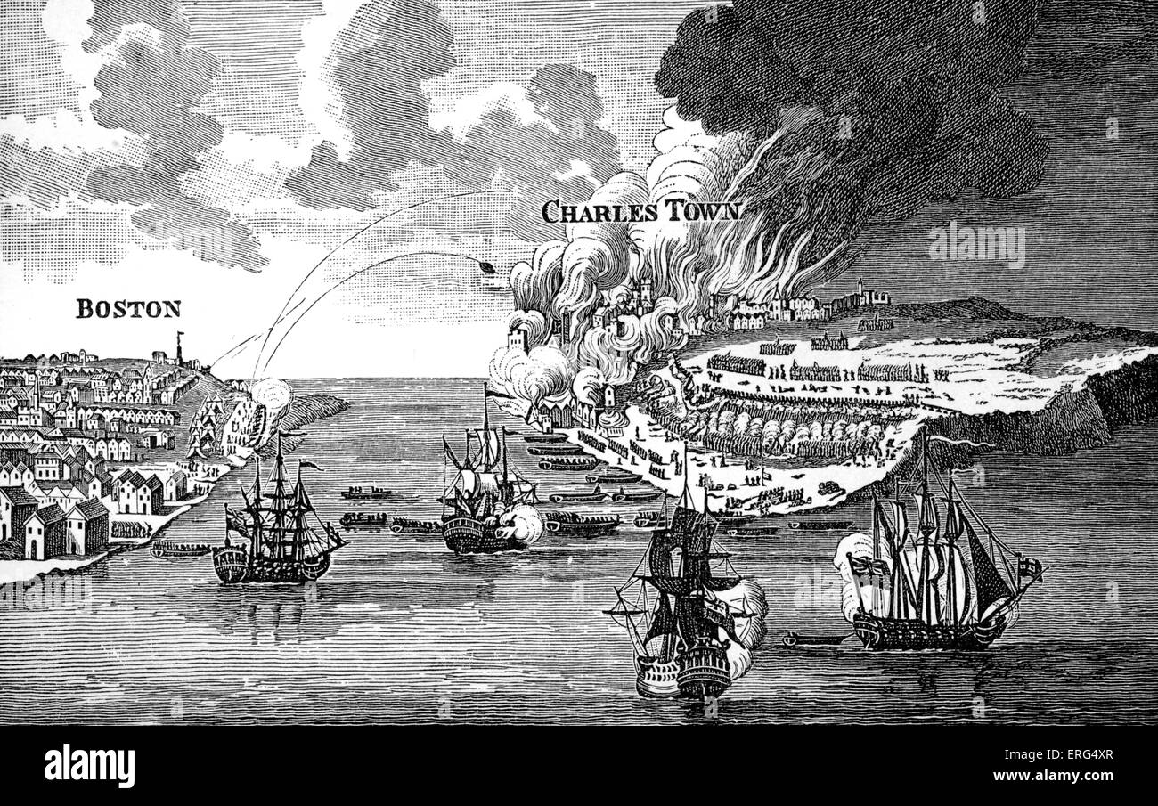 Attaque sur les bunkers Hill et combustion de Charlestown. La Bataille de Bunker Hill a eu lieu le 17 juin 1775, les troupes coloniales Banque D'Images