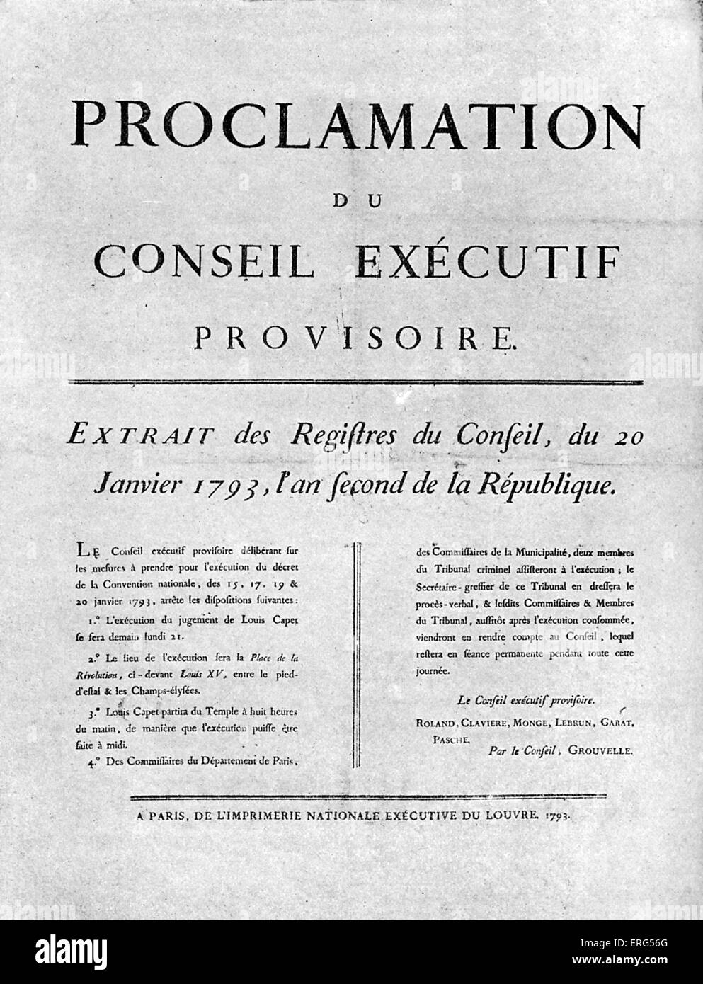 Plaque de commande pour l'exécution de Louis XVI. Le roi Louis XVI a été jugé par la Convention nationale, trouvé coupable de trahison, Banque D'Images