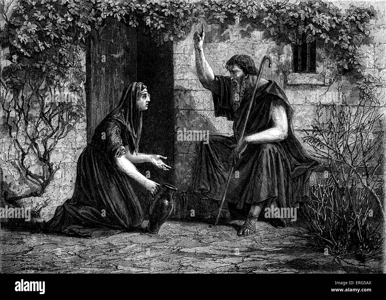 Elie revendiquant l'hospitalité de la veuve de Sarepta. Bible, Rois XVII, 10 : ' Il se leva et alla à Sarepta. Et quand Banque D'Images