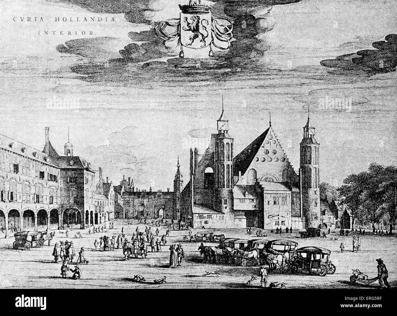 Cour intérieure du palais de la Haye, Hollande. Gravure hollandaise faite à l'époque de Guillaume III. Prince souverain de l'Orange et Banque D'Images