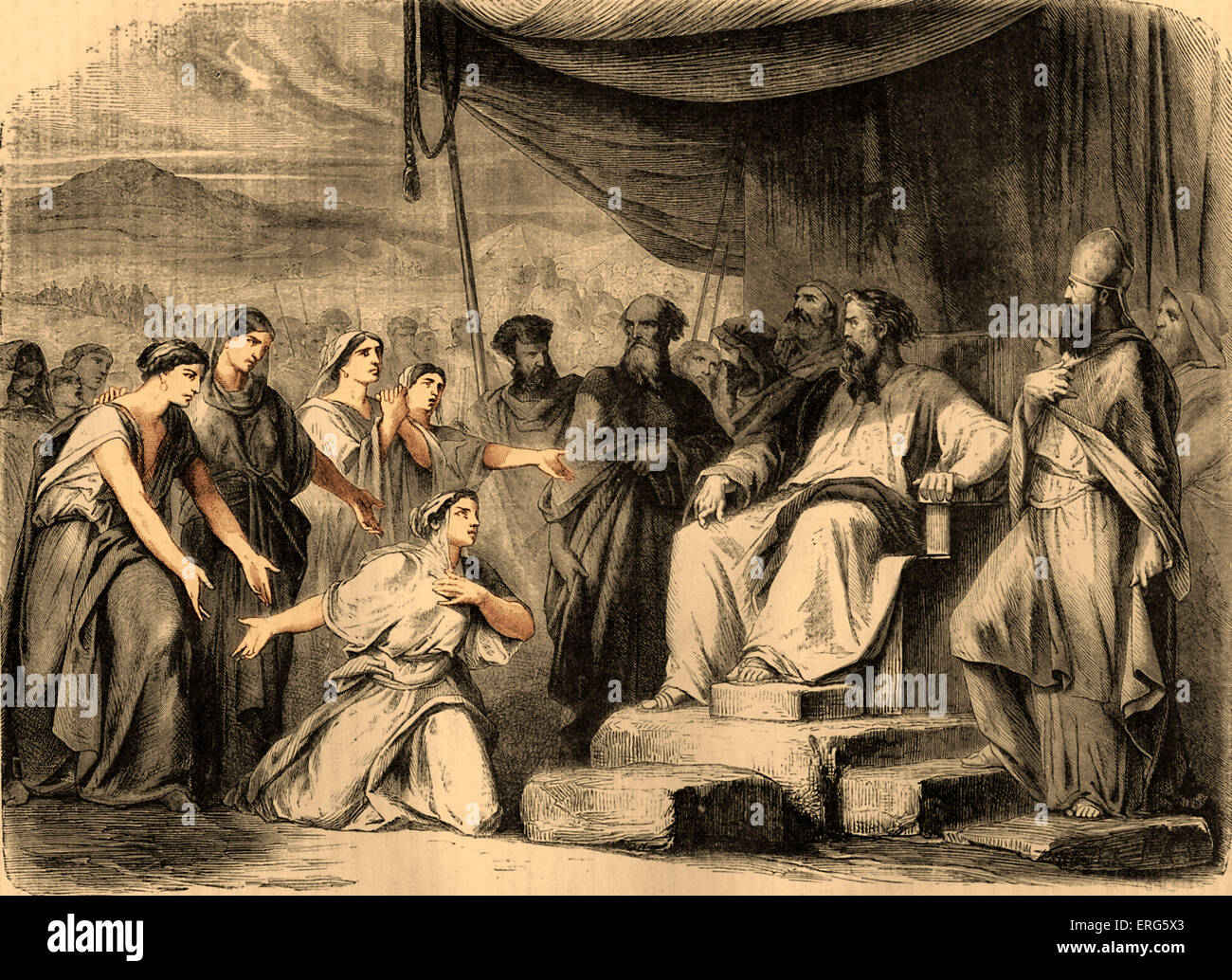 Les filles de Celofehad avant Moïse et le sacrificateur, qui demandent leur droit à hériter de leur père, même possessions Banque D'Images