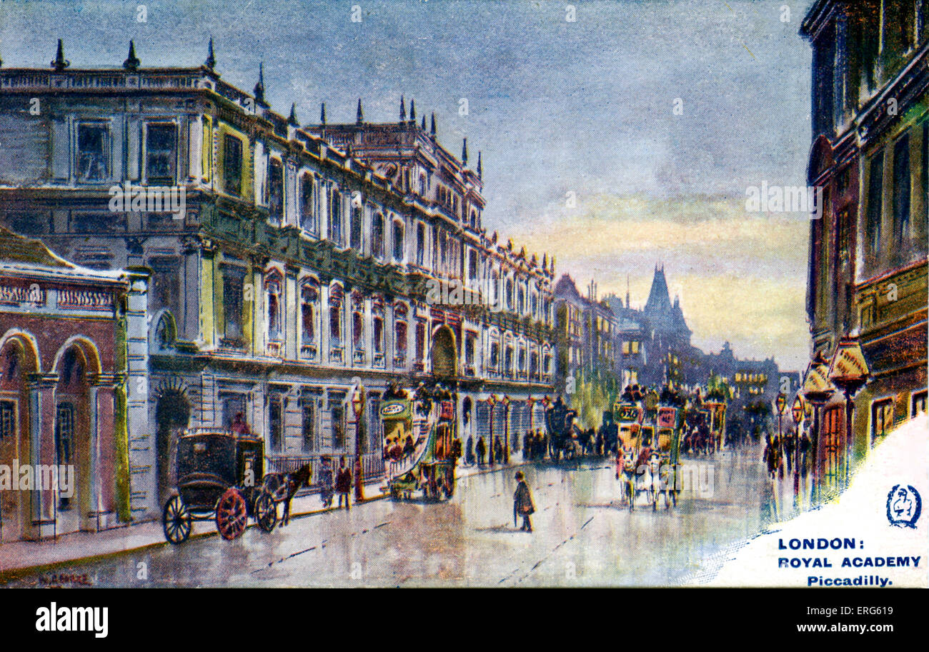 Royal Academy sur Piccadilly, Londres, reproduit à partir de l'eau originale des dessins couleur par George W.. Imprimé par Landeker & Brown, Banque D'Images