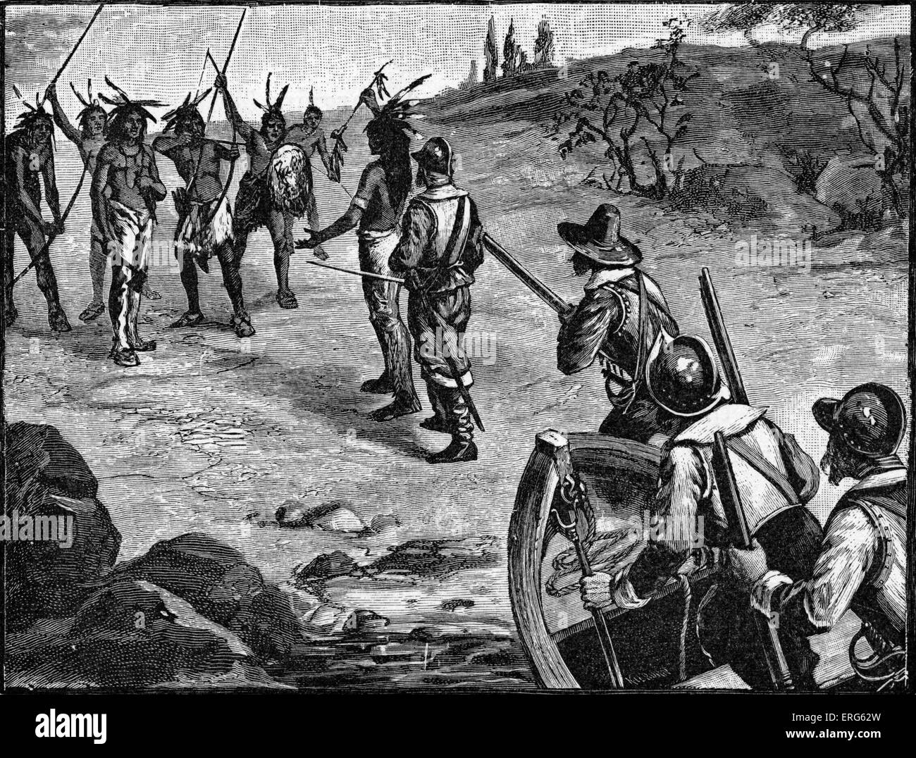 Les colons anglais puritain dans les Amériques, confrontée à une tribu amérindienne, comme illustré à Elbridge Streeter Brooks' Banque D'Images