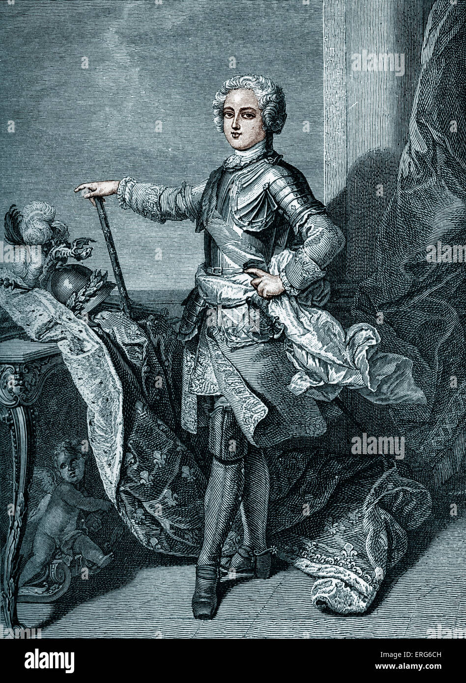 Le roi Louis XV - portrait dans sa jeunesse après peinture par Vanloo. Monarque français. 1710 - 1774 - 1774 1715, a statué. Banque D'Images