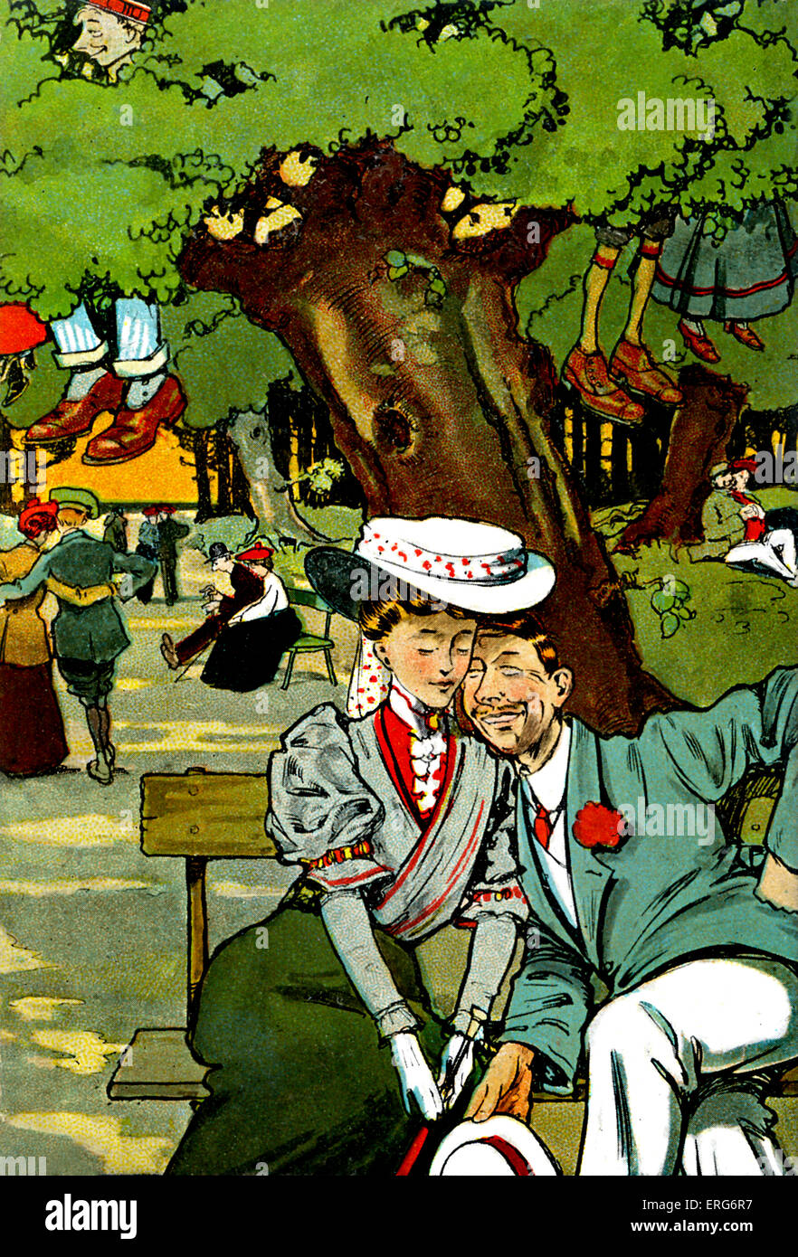 L'Amant à pied à Newbridge. 1907. Carte postale humoristique. Dessin de Tony Sarg, illustrateur américain (1880 - 1942). Banque D'Images