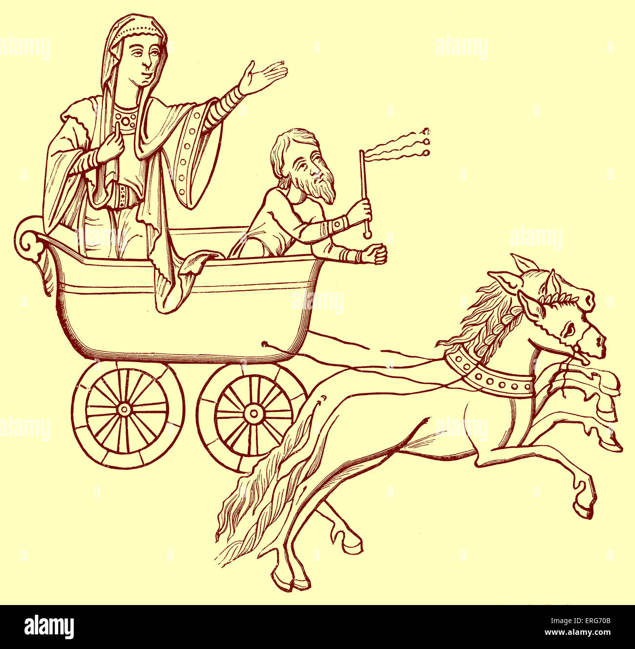 Char étant attiré par une paire de chevaux, reproduit à partir d'un manuscrit du ixe siècle. Carruca, ou plaisir-transport, à utiliser à partir de Banque D'Images