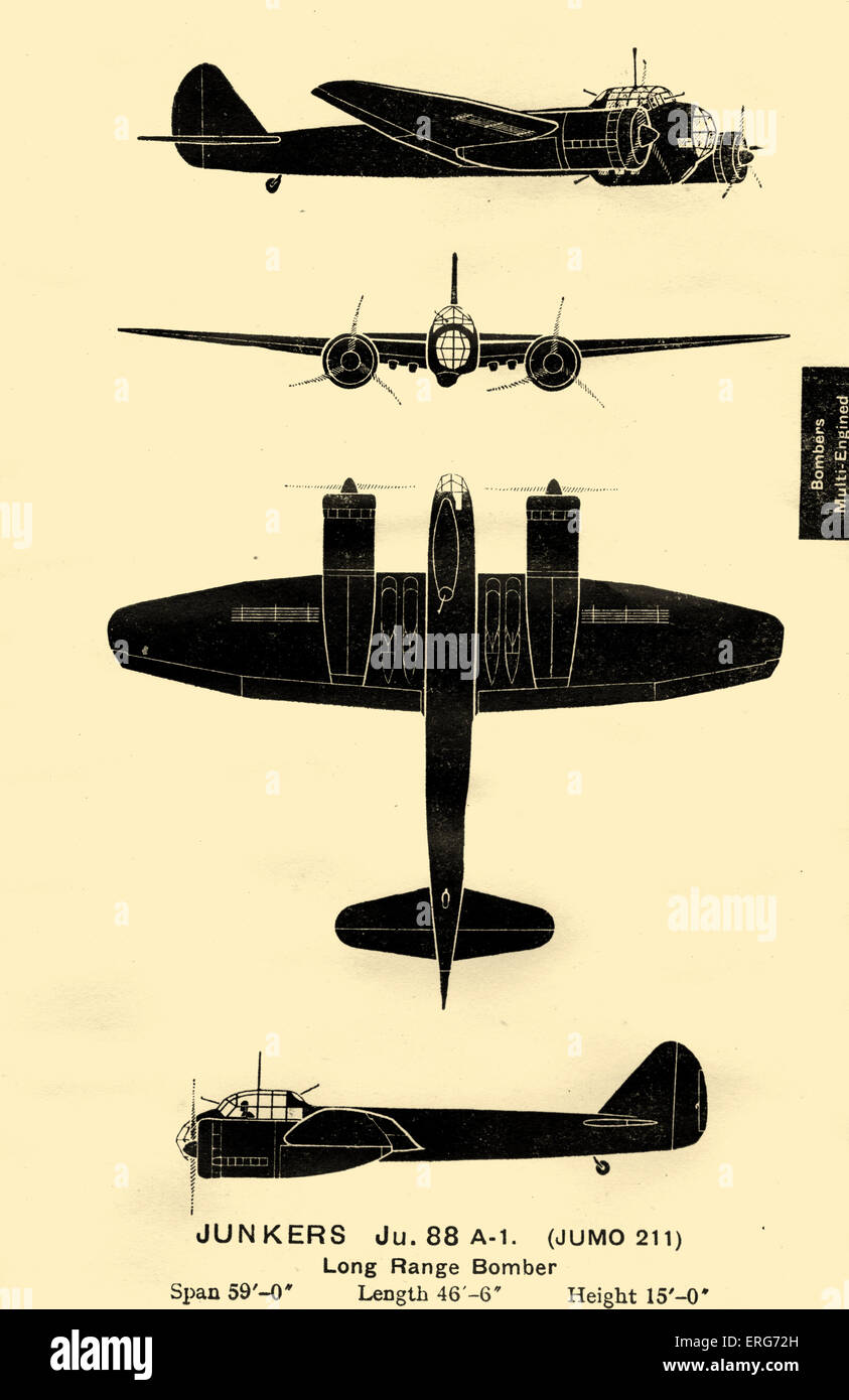 Junkers Ju 88, un avion allemand utilisé par la Luftwaffe pendant la Seconde Guerre mondiale. Bien que son développement était problématique, c'est devenu l'un des plus grands atouts de la Luftwaffe en raison de sa polyvalence. Prises d'un ministère de l'air manuel intitulé 'Silhouettes d'avion allemand', publié en 1940 à toit 'watchers tenter de repérer l'ennemi de l'artisanat haut de bâtiments. Banque D'Images