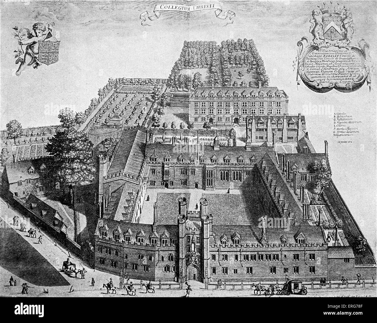 Christ's College, Cambridge, au dix-septième siècle, comme illustré par David Loggan en 1688 dans 'Cantabrigia Illustrata'. L'ordre a été créé en 1437 et compte Charles Darwin et John Milton parmi ses anciens étudiants. DL : Anglais graveur, 1634 - 1692. Banque D'Images