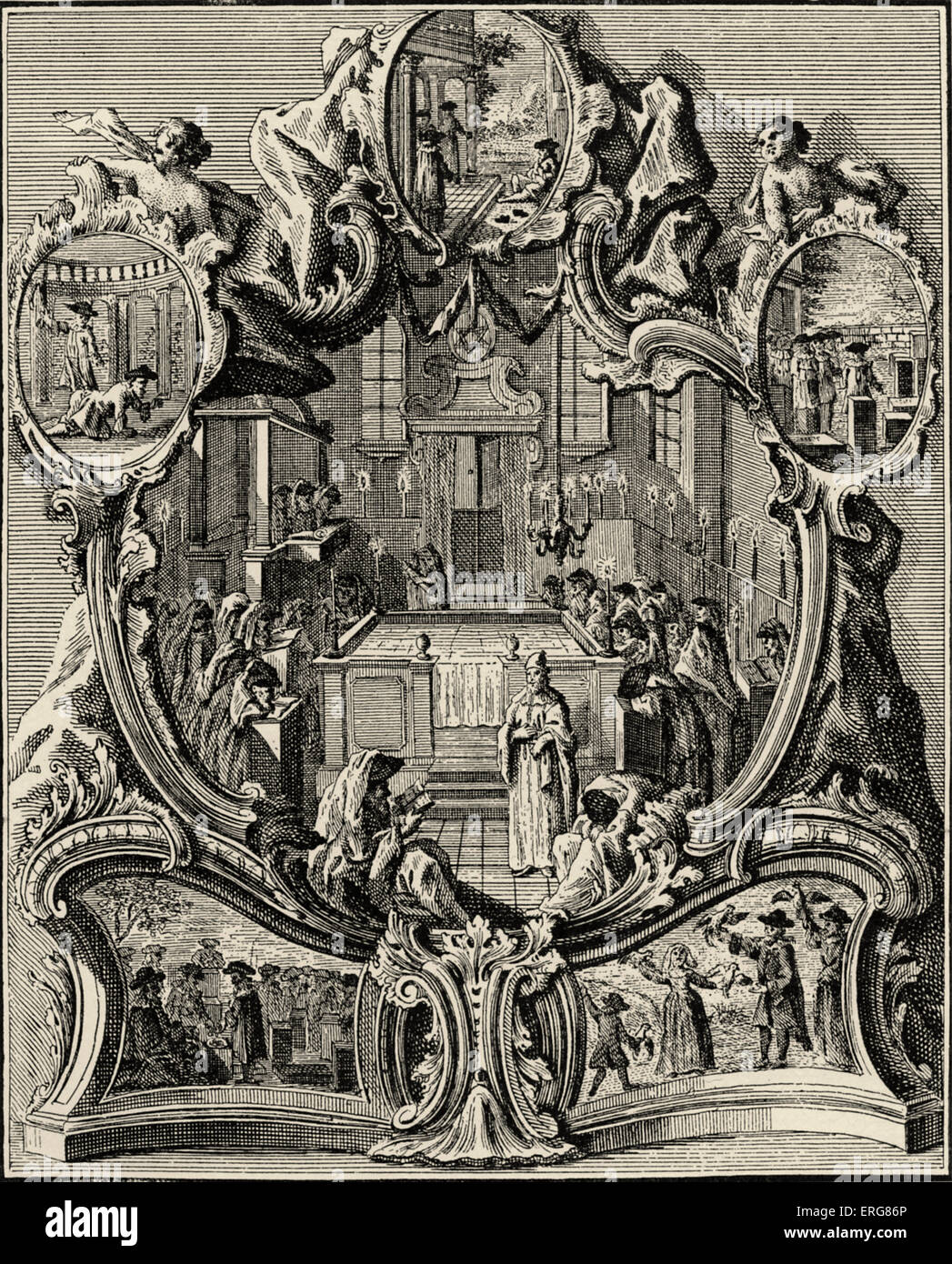 Jour des Expiations / Yom Kippour à la synagogue. 1748. Montrer les images qui entourent le jour précédent, rites, Malkut, Teshubah Banque D'Images