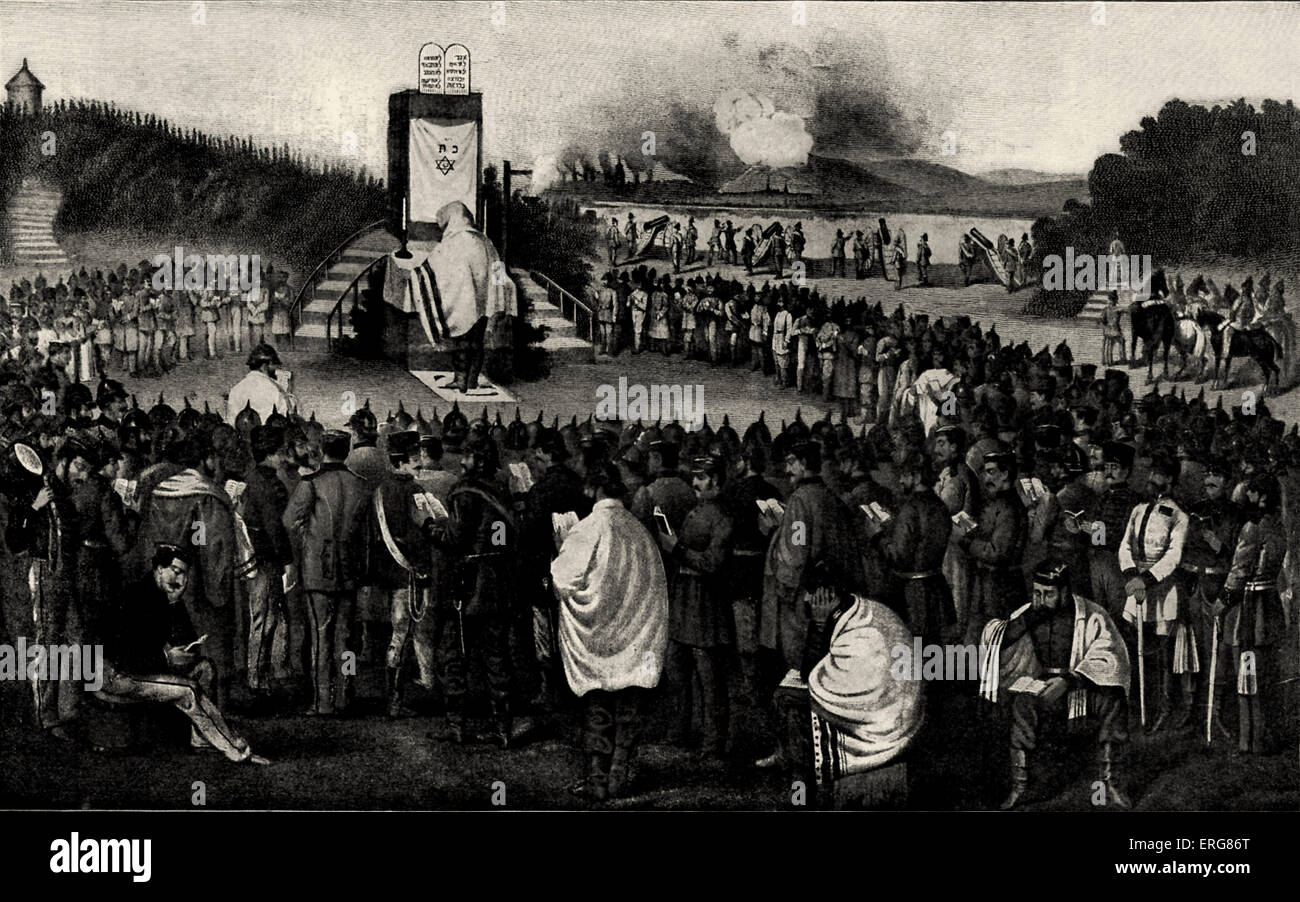 Jour des Expiations / Yom Kippour avant la bataille. Des soldats juifs dans l'armée prussienne avant Metz 1870. Les hommes portant des châles de prière. Banque D'Images