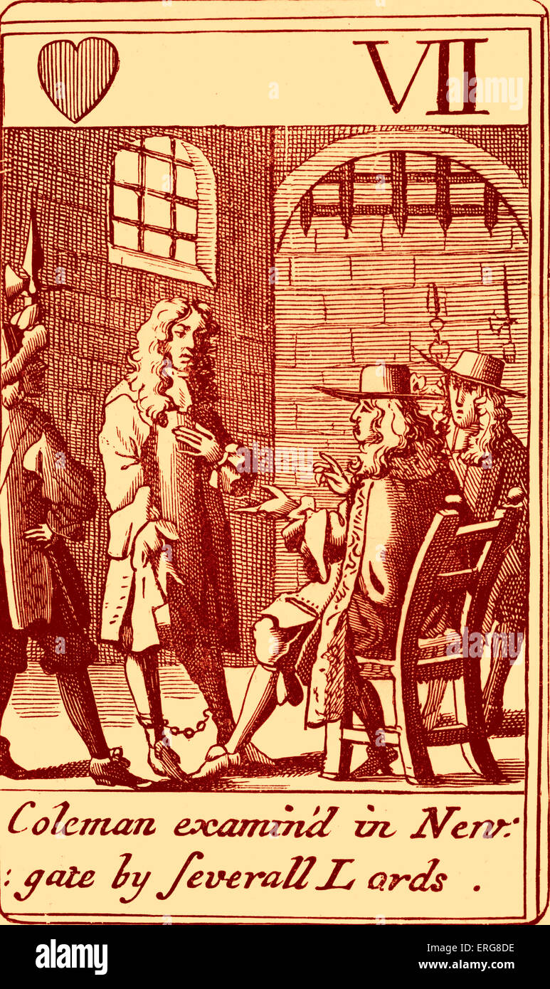 Edward Colman examiné par lords d'un jeu de carte conçu par le peintre et graveur anglais, William Faithorne en 1684. Le sous-titre suivant "sondages Coleman'd dans Newgate par severall Lords'. Colman a pendus, écartelés pour trahison, après avoir été impliqué dans le complot papiste fictif créé par Titus Oates. Anglais : ce courtisan et martyr Catholique, 17 mai 1636 - 3 décembre, 1678 Banque D'Images