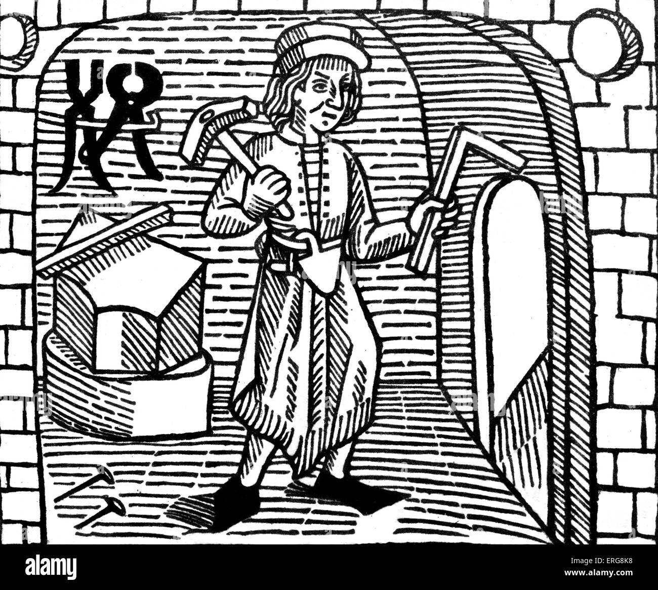 Builder - 15ème siècle. Gravure de William Caxton, le jeu de fromage, ch. 1474. Marchand anglais, diplomate, écrivain et Banque D'Images
