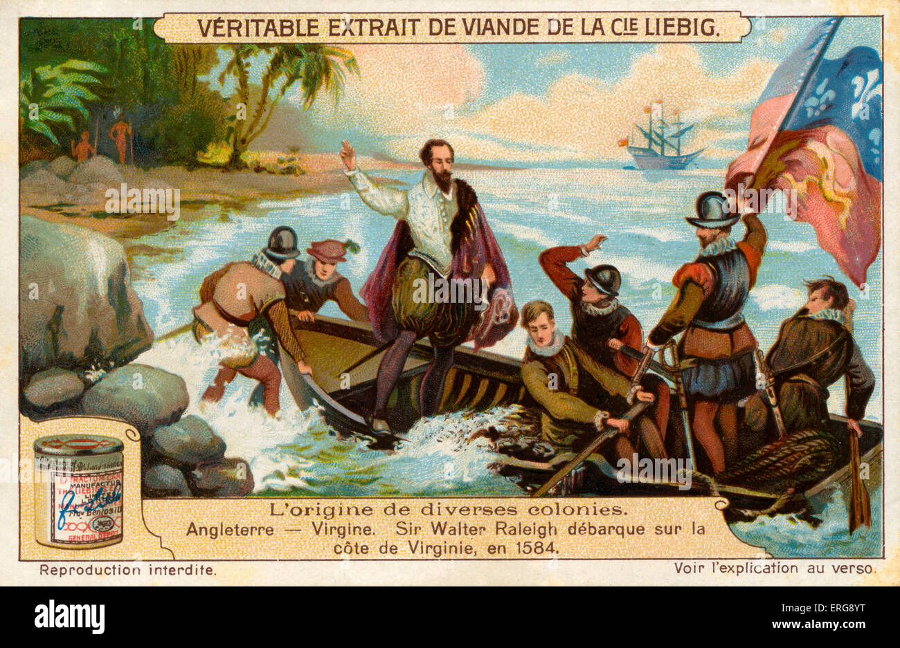 Fondation de la colonie de Virginie par les Anglais : Sir Walter Raleigh (ca 1552 - 1618) l'atterrissage sur la côte de la Virginie en 1584. (Liebig série : L'origine de diverses colonies/l'origine des diverses colonies, 1922, No 4). Banque D'Images