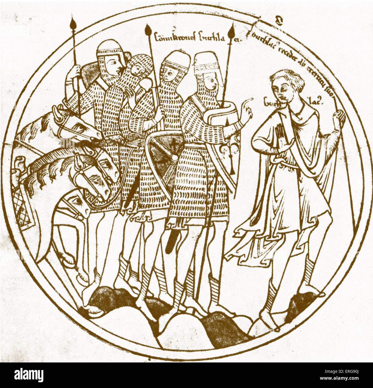 Guthlac 'articles à partir de ses compagnons guerriers'. Détail du rouleau Guthlac, 14ème siècle.L'histoire de Saint Guthlac est dit Banque D'Images