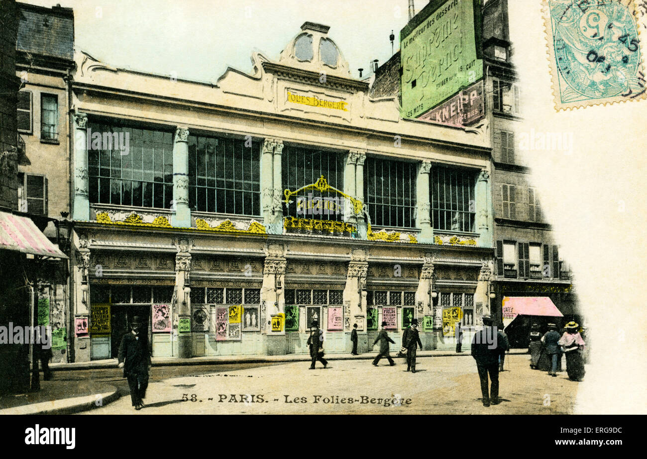Folies Bergère, Paris - à l'extérieur de l'immeuble fin du 19ème siècle. Créé en 1869 music hall à rue Richer. 9e Banque D'Images Folies Bergère, Paris - à l'extérieur de l'immeuble fin du 19ème siècle. Créé en 1869 music hall à rue Richer. 9e Banque D'Images