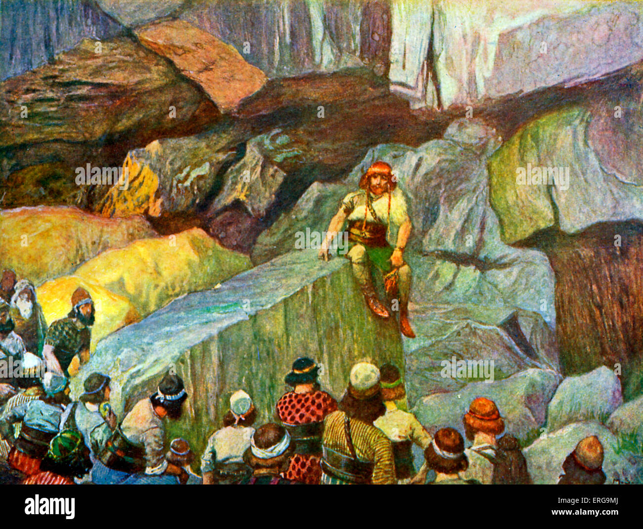 Samson, dans les grottes d'Etam par J James Tissot. Illustration de Livre  des Juges, 15.11 : 'alors trois mille hommes de Juda descendirent à la  caverne du rocher d'Étam, et dirent à