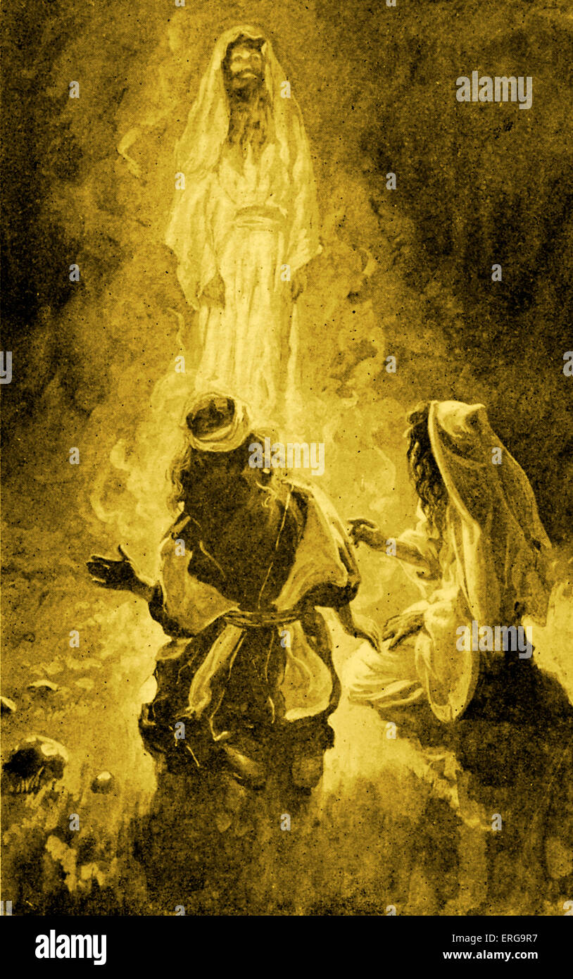 Saül et la sorcière d'Endor par J James Tissot. Illustration de livre de Samuel (I), 28.8 : 'Et Saül se déguisa, et mis sur d'autres vêtements, et il s'en alla, et deux hommes avec lui, et ils vinrent à la femme par nuit : et il dit : Je te prie, divine-moi par l'esprit familier et de m'amener vers le haut, celui que je te dirai". Ayant reçu aucun conseil de Dieu concernant le camp Philistin à Sunem, Saul se déguise et va à la sorcière d'Endor. JJT DISTINCT : peintre français, 15 octobre 1836 - 8 août 1902. Banque D'Images