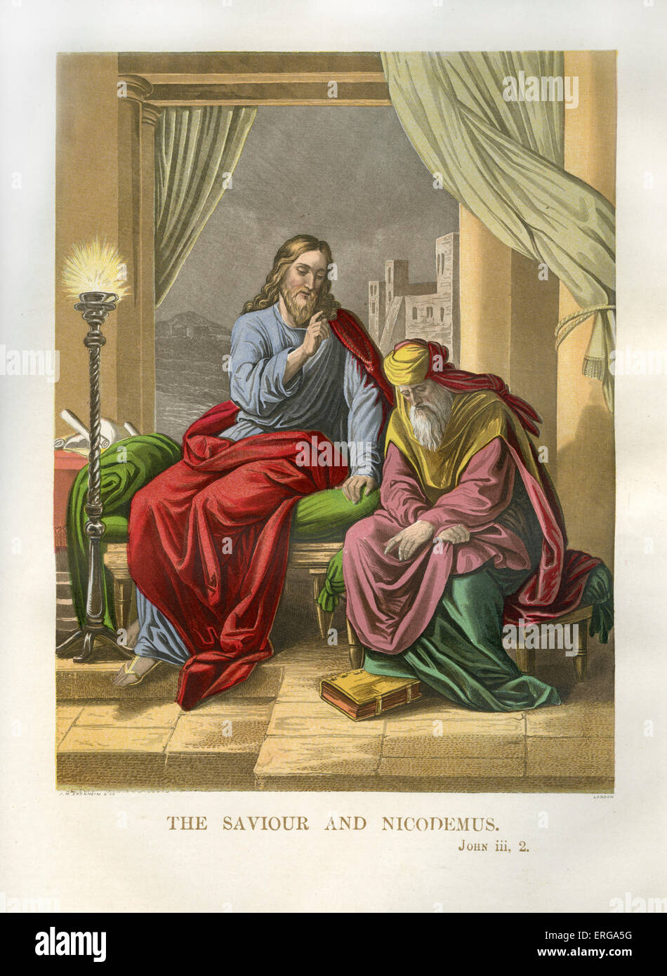 Jésus et Nicodème - illustration de John, 3.2. Nicodème était un pharisien et membre du sanhédrin qui a montré pour, Banque D'Images