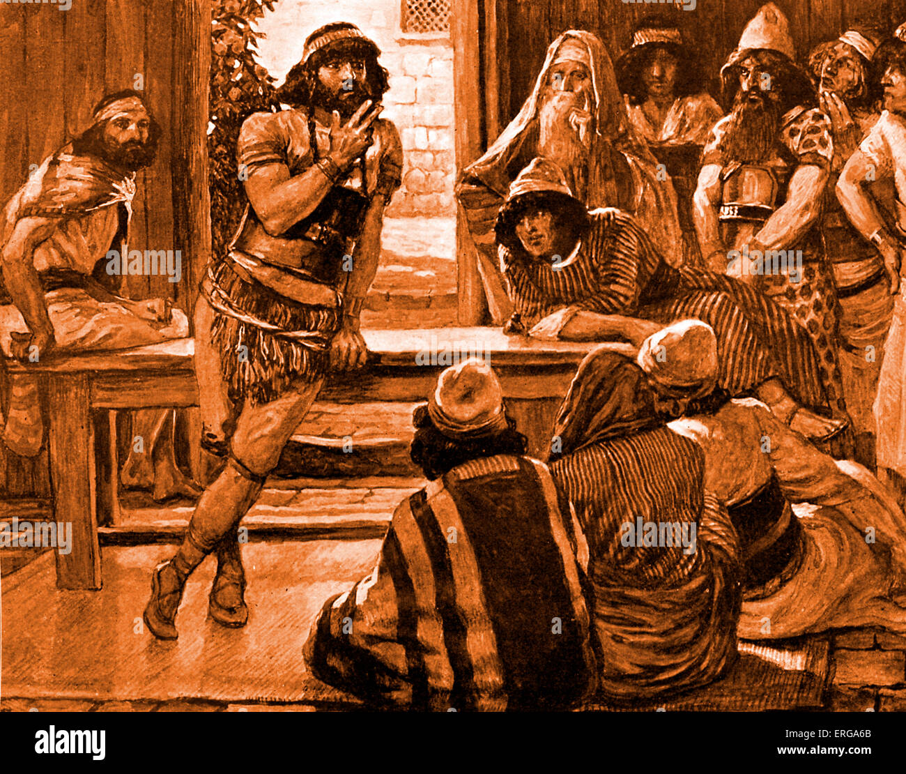 Samson met en avant une devinette par J James Tissot. Illustration de Livre des Juges, 14.12 : 'Et Samson leur dit : Je vais maintenant proposer une devinette pour vous : si vous pouvez certainement déclarer moi dans les sept jours de la fête, et le savoir, alors je vais vous donner trente et trente changement de vêtements'. JT : peintre français, 15 octobre 1836 - 8 août 1902 Banque D'Images