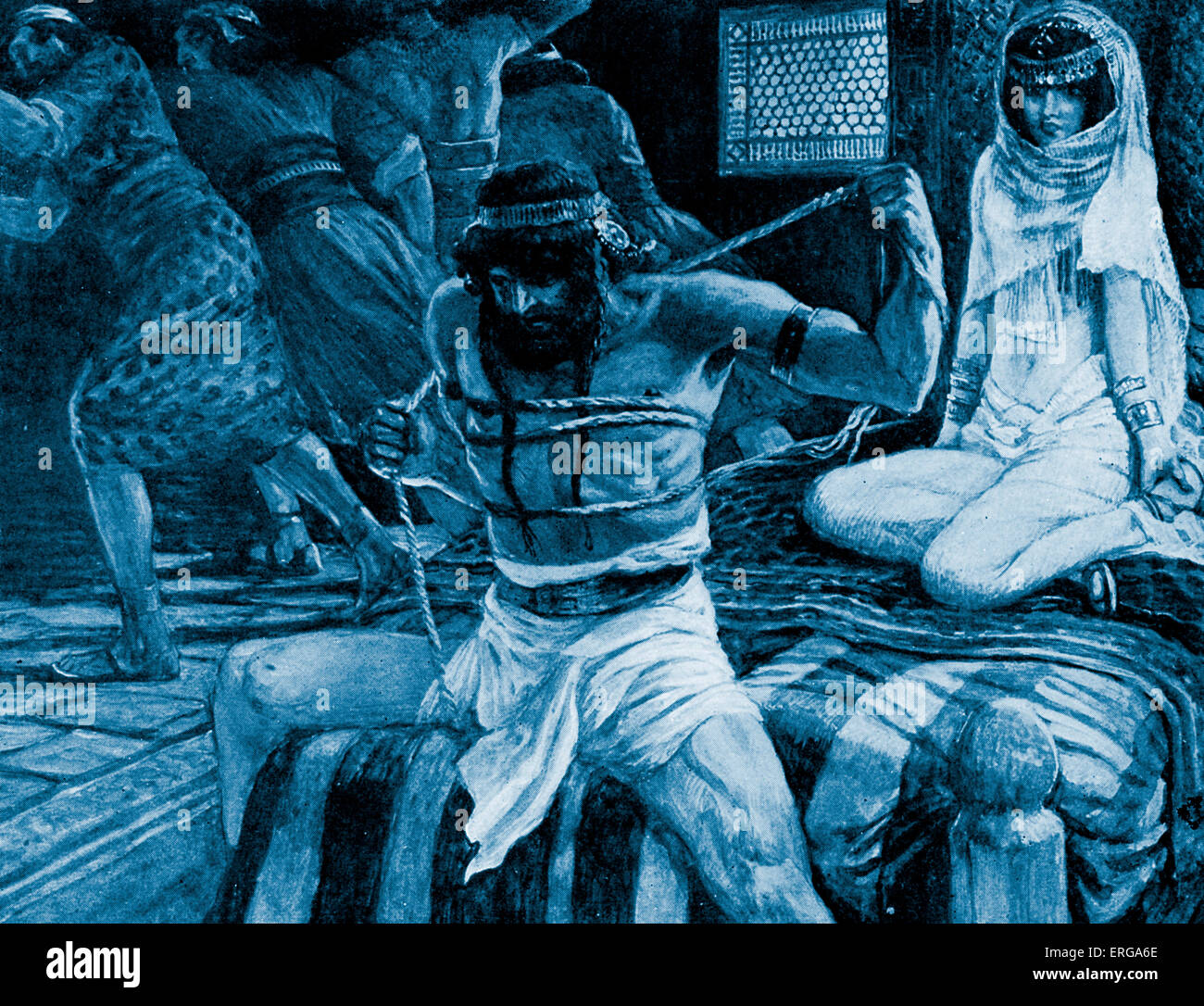 Samson brise son alimentation par J James Tissot. Illustration pour le livre des juges 16.9 : 'Or des gens se tenaient en embuscade chez elle, dans la chambre. Elle lui dit : Les Philistins sont sur toi, Samson'. JT : peintre français, 15 octobre 1836 - 8 août 1902 Banque D'Images