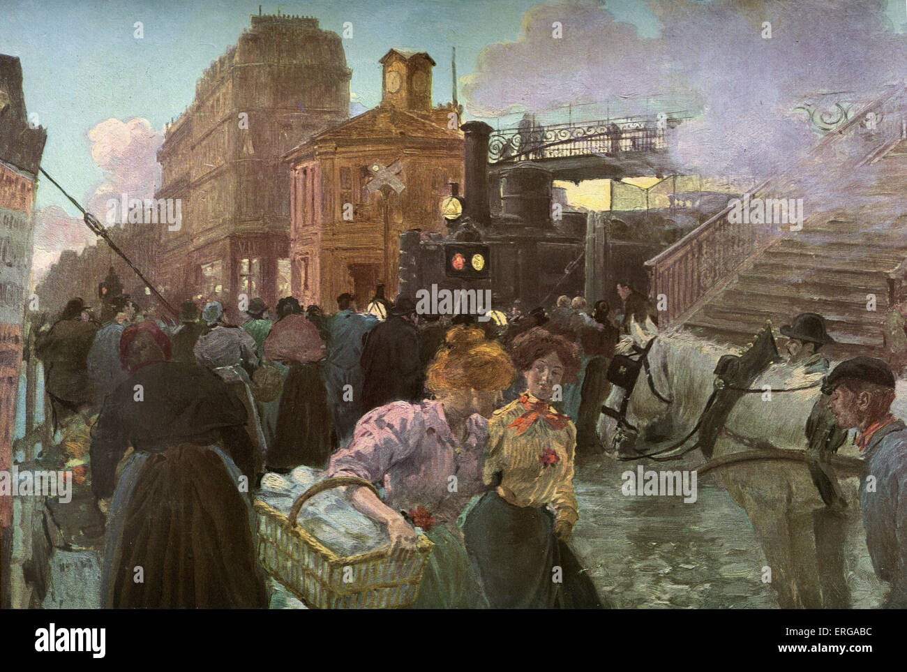 Train de 'Little Belt Railway' (La Petite Ceinture) à un passage à niveau en banlieue parisienne, ca 1885. Après une aquarelle par G. Scott. Banque D'Images Train de 'Little Belt Railway' (La Petite Ceinture) à un passage à niveau en banlieue parisienne, ca 1885. Après une aquarelle par G. Scott. Banque D'Images