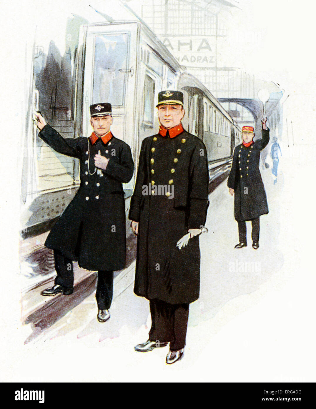 Les uniformes du personnel ferroviaire, 1920-30s : gare tchécoslovaques, maître d'orchestre et de report. Banque D'Images