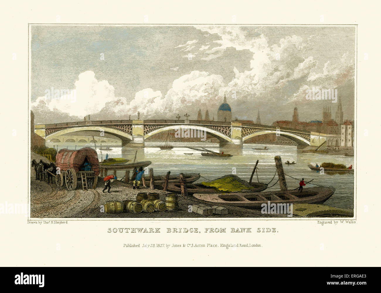 Vues de Londres : Southwark Bridge, du côté de la Banque. Dessiné par Thomas Hosmer Shepherd 1792 - 1864. Gravée par W. Wallis. Publié Banque D'Images