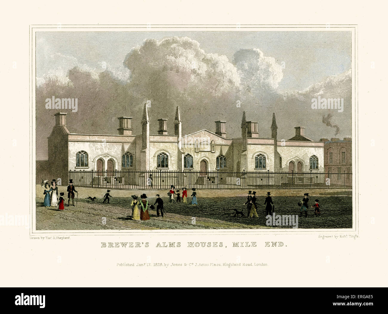 Vues de Londres : Brewer's Alms Maisons, Mile End. Dessiné par Thomas Hosmer Shepherd 1792 - 1864. Gravée par Robert Tingle. Banque D'Images