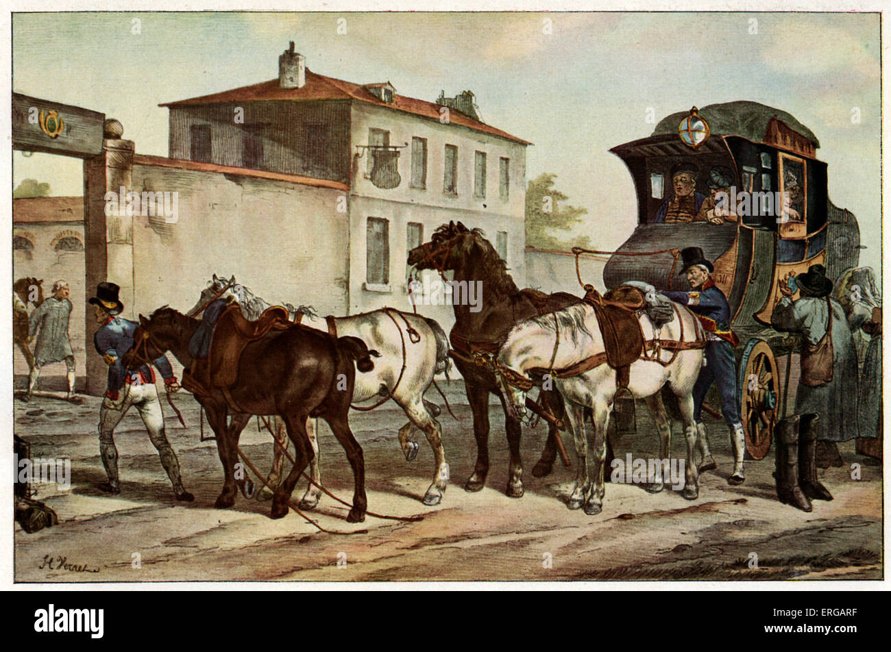 Malle-poste à poste de relais sur la route de Paris à Calais, ca 1825. Après H. Vernet. Banque D'Images