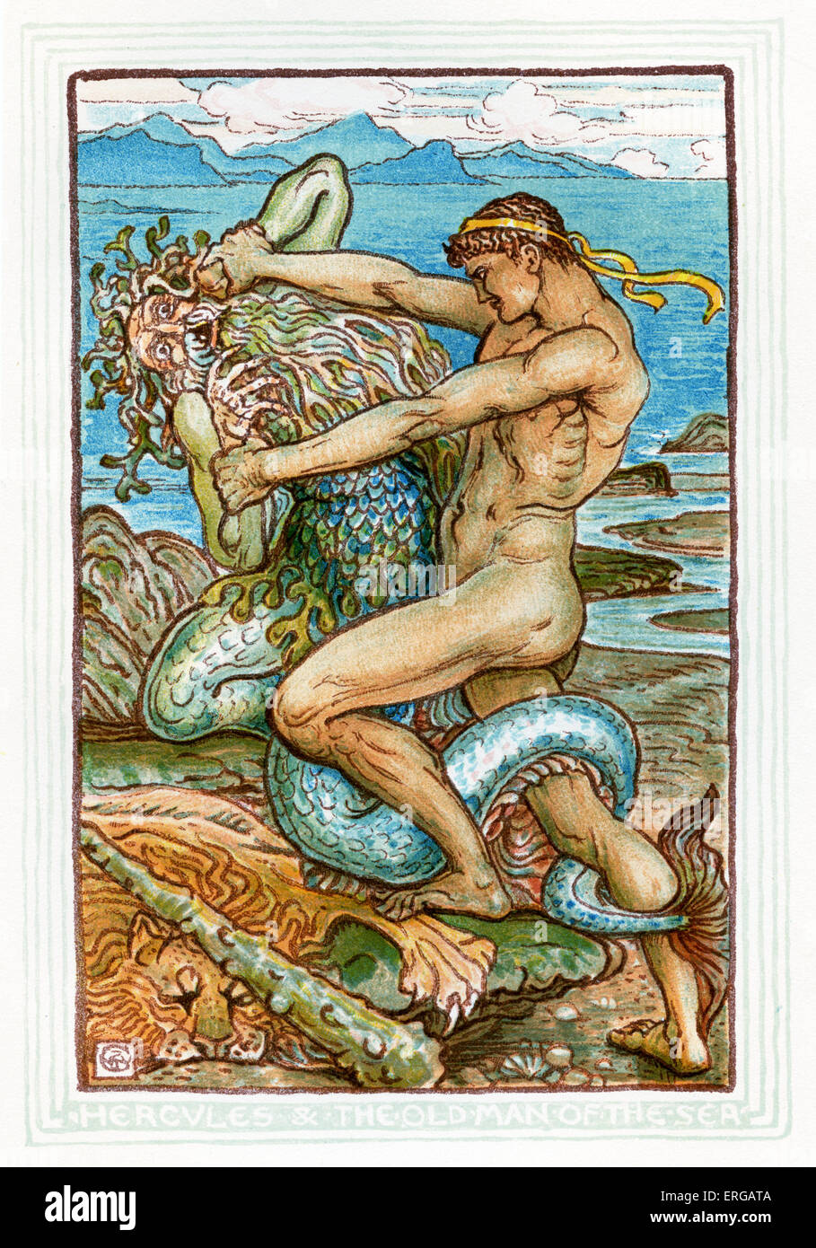 Hercule et le vieil homme de la mer. Racontant des mythes grecs par Nathaniel Hawthorne (1804 - 1864). Illustrations de Walter Banque D'Images