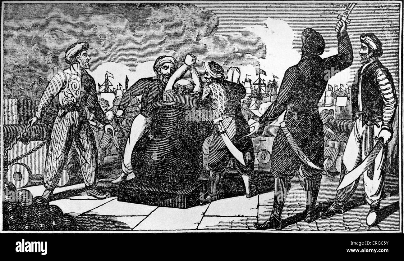 Algerines tirant sur le consul français d'un mortier à la flotte française. Cette action fait suite à l'attaque française de Banque D'Images