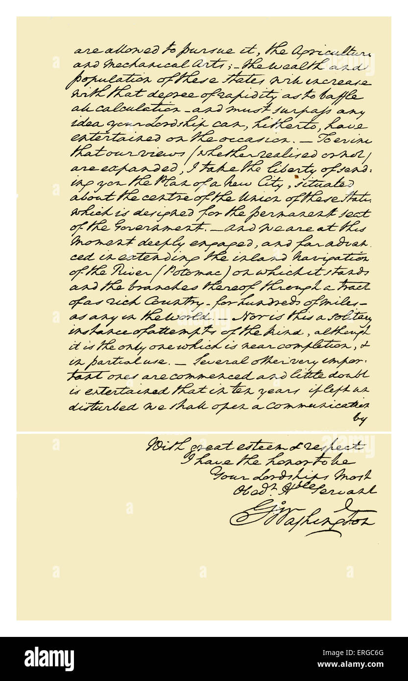 Manuscrit : George Washington, 1793. Lettre au Comte de Buchan, sur le principe qui devrait guider les États-Unis dans le cadre de la politique étrangère, également sur la nouvelle ville de Washington. 22 avril 1793. Source : British Museum. Banque D'Images