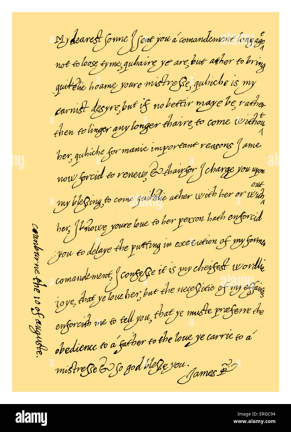 Manuscrit : James I. lettre à son fils Charles, prince de Galles, lui ordonnant de revenir à la maison immédiatement. Charles était à Madrid Banque D'Images