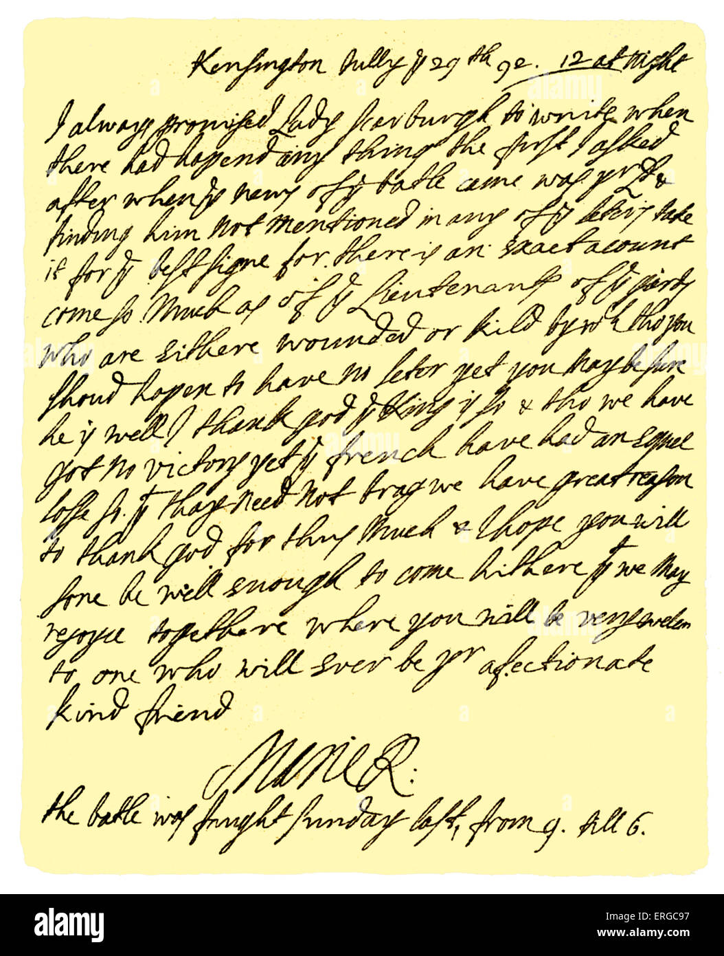Manuscrit : Lettre de t Queen Mary II pour l'une des dames de sa chambre à coucher - Frances Lumley - annonçant la nouvelle de la Banque D'Images
