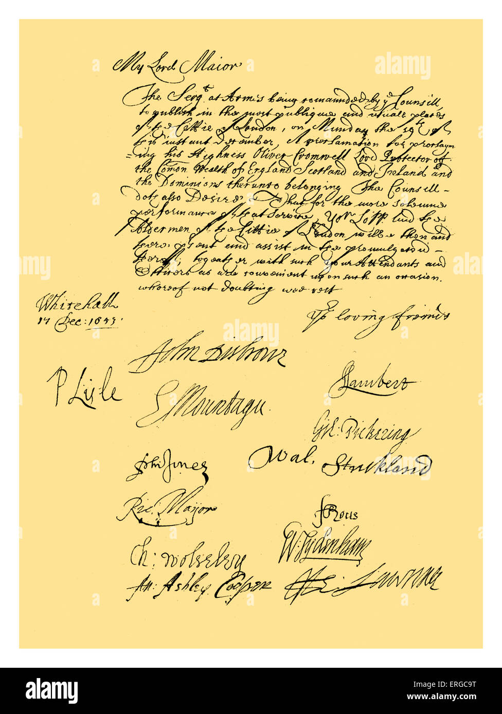 Manuscrit : Lettre à l'occasion de la proclamation d'Oliver Cromwell en tant que lord protecteur du Commonwealth, à l'écrit Banque D'Images