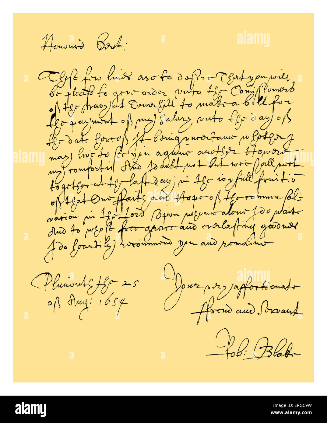Manuscrit : Lettre de l'amiral Robert Blake aux commissaires de l'Amirauté, lorsqu'il était sur le point de voile pour la Banque D'Images