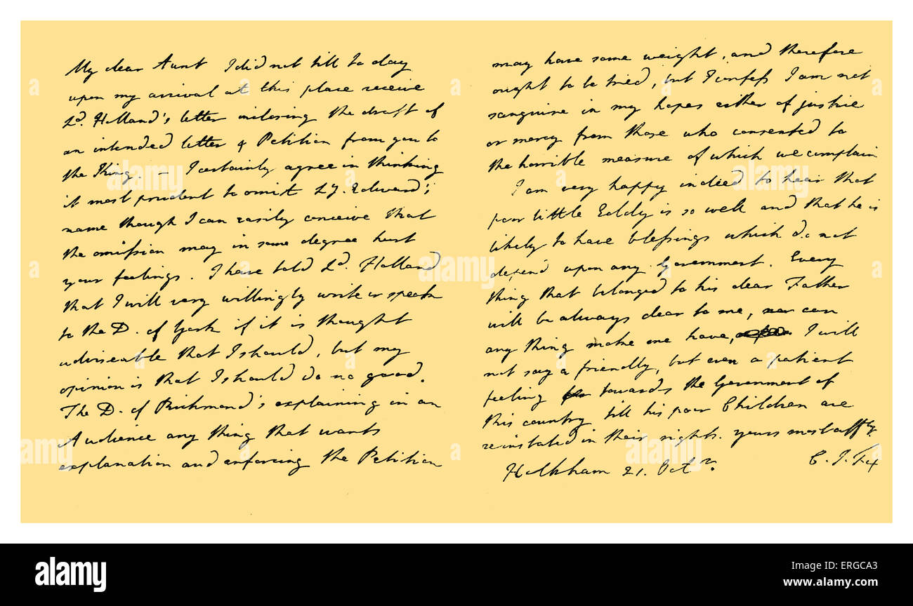 Manuscrit : Lettre de Charles James Fox à sa tante, Emily (Duchesse de Leinster), par rapport à son intention lettre et pétition Banque D'Images